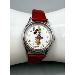 Lorus Disney Minnie Mouse Watch Red Leather Kids Size Strap Silver Tone Quartz-A